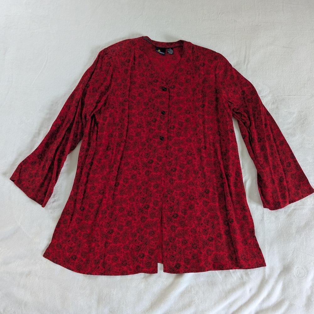 Vtg Tunic Top Red Black Floral Rayon Button Front Sz M Whimsigoth Grunge 90s
